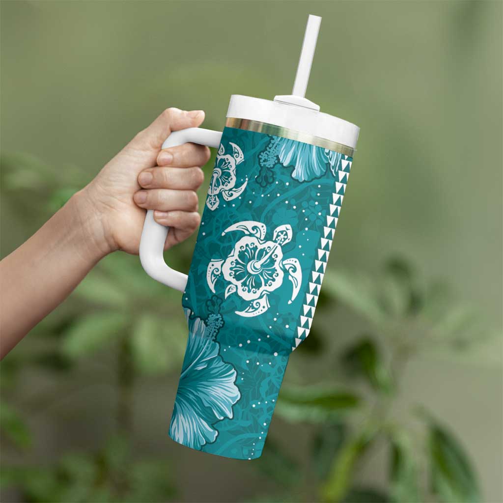 Teal Hibiscus Turle Tumbler With Handle Hawaiian Style Tribal Tapa Pattern