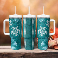Teal Hibiscus Turle Tumbler With Handle Hawaiian Style Tribal Tapa Pattern