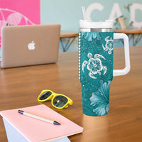 Teal Hibiscus Turle Tumbler With Handle Hawaiian Style Tribal Tapa Pattern