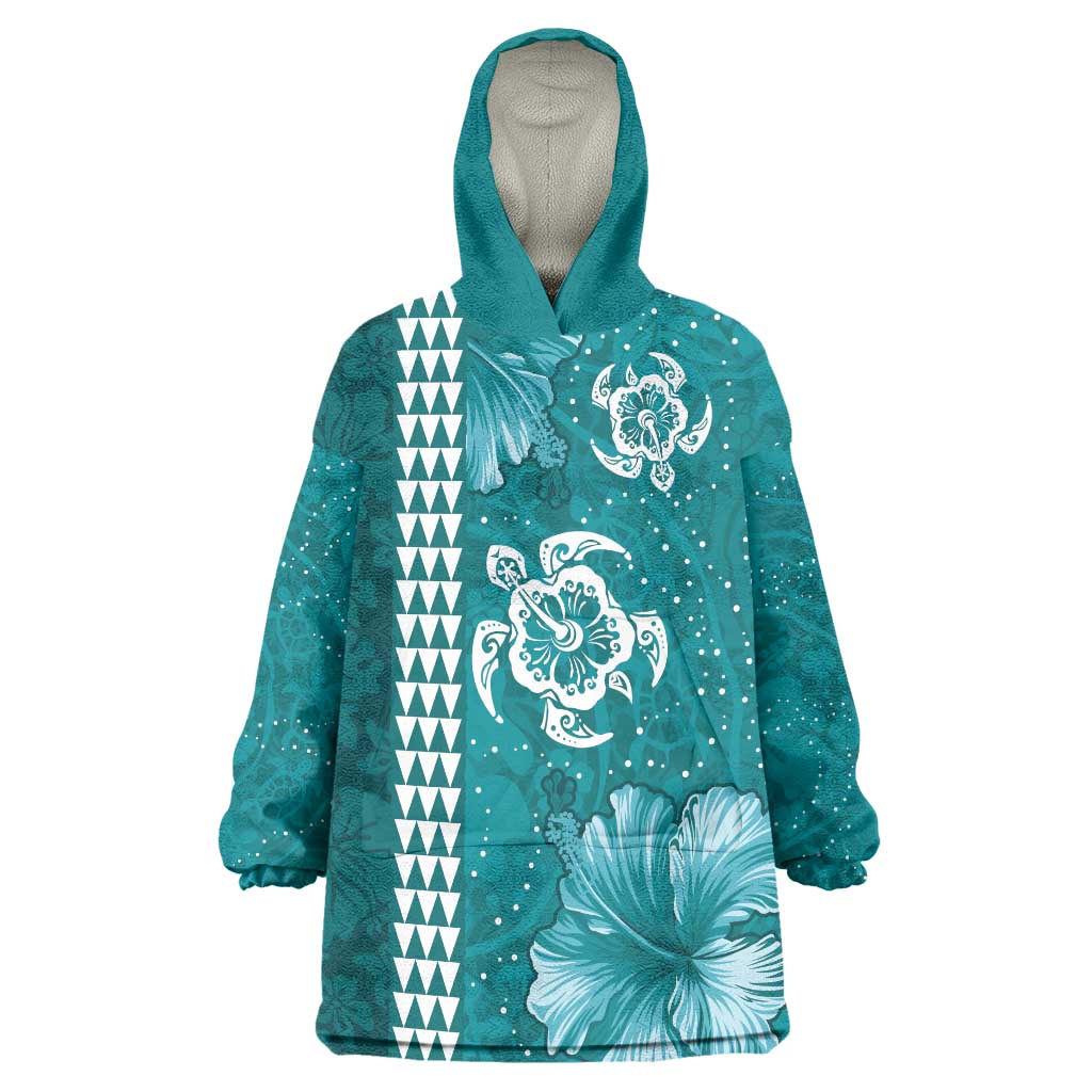 Teal Hibiscus Turle Wearable Blanket Hoodie Hawaiian Style Tribal Tapa Pattern