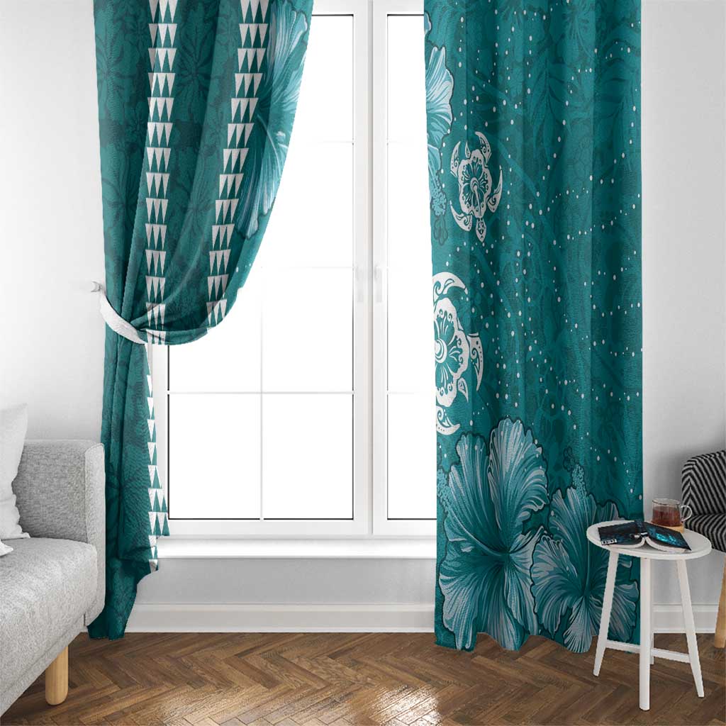 Teal Hibiscus Turle Window Curtain Hawaiian Style Tribal Tapa Pattern