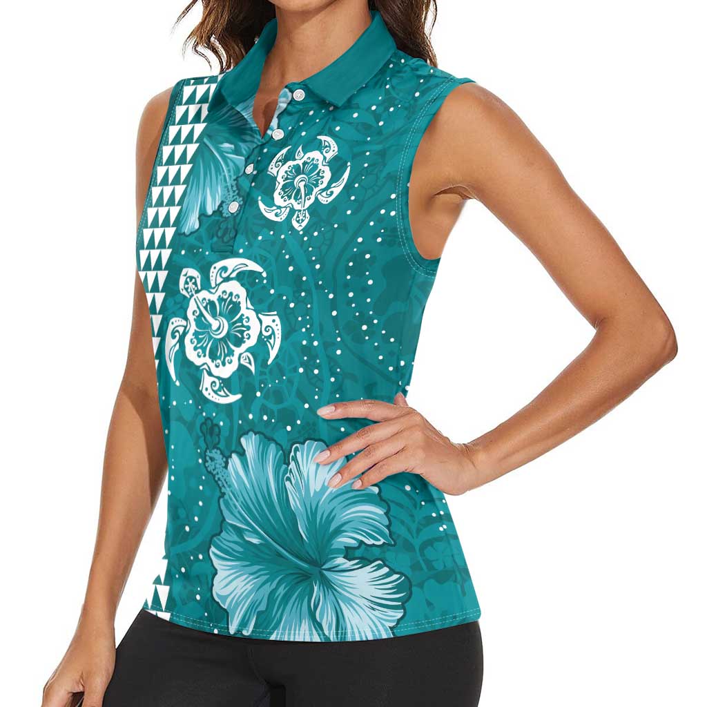 Teal Hibiscus Turle Women Sleeveless Polo Shirt Hawaiian Style Tribal Tapa Pattern