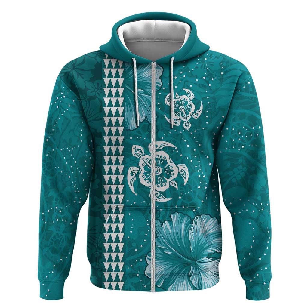 Teal Hibiscus Turle Zip Hoodie Hawaiian Style Tribal Tapa Pattern