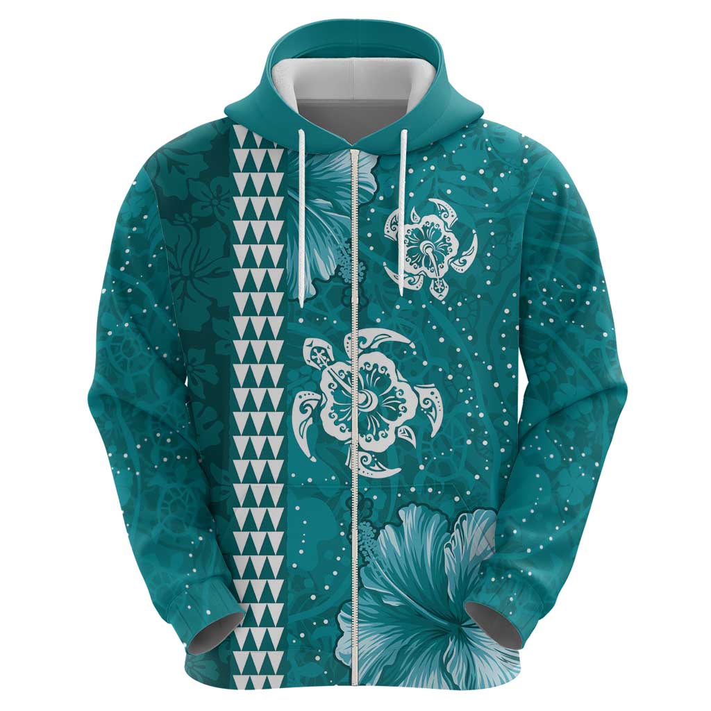 Teal Hibiscus Turle Zip Hoodie Hawaiian Style Tribal Tapa Pattern