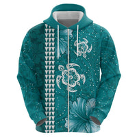 Teal Hibiscus Turle Zip Hoodie Hawaiian Style Tribal Tapa Pattern