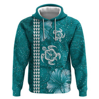 Teal Hibiscus Turle Zip Hoodie Hawaiian Style Tribal Tapa Pattern