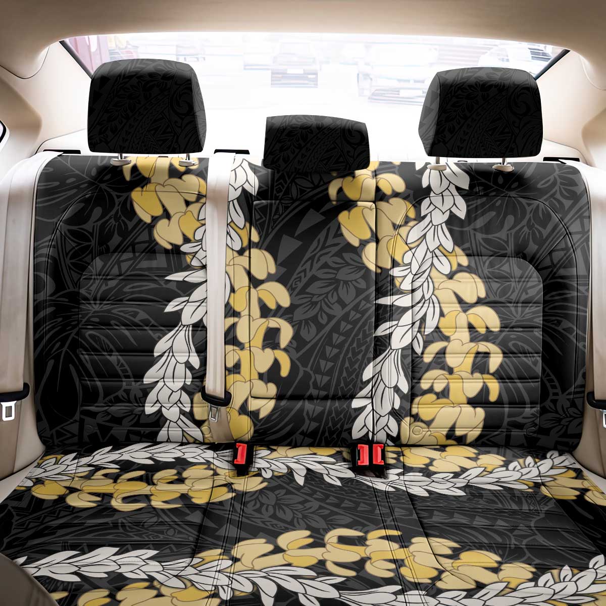 Puakenikeni and Maile Lei Back Car Seat Cover Black Double Strand Lei