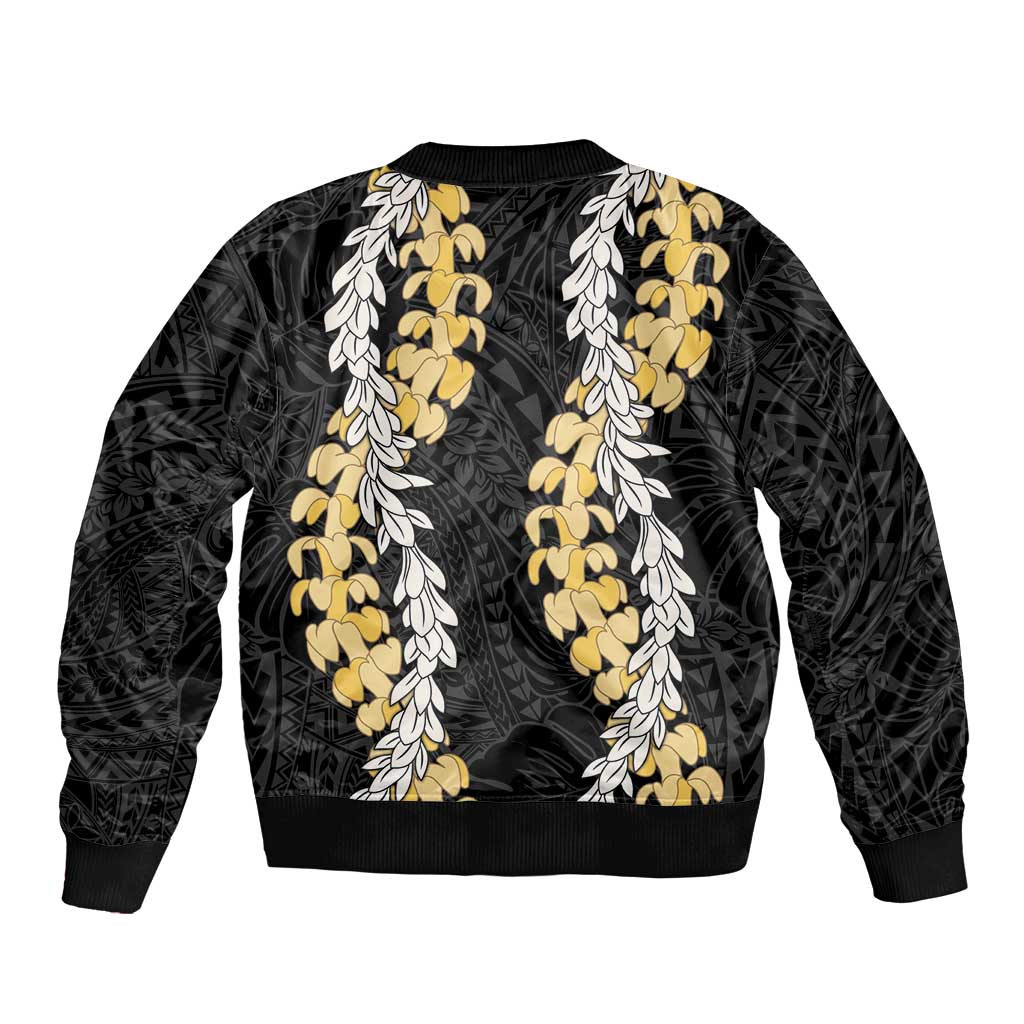 Puakenikeni and Maile Lei Bomber Jacket Black Double Strand Lei