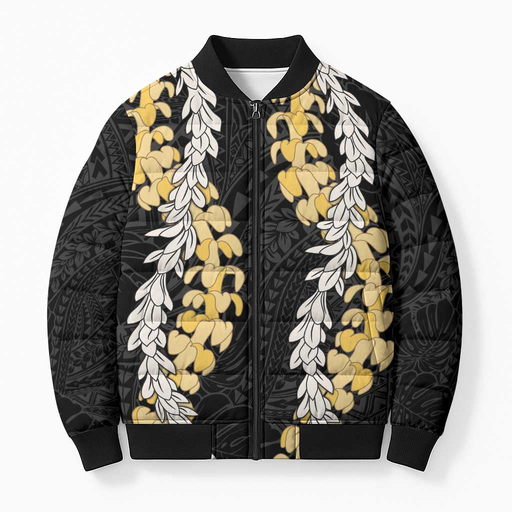 Puakenikeni and Maile Lei Bomber Puffer Jacket Black Double Strand Lei LT9 Unisex Black - Polynesian Pride