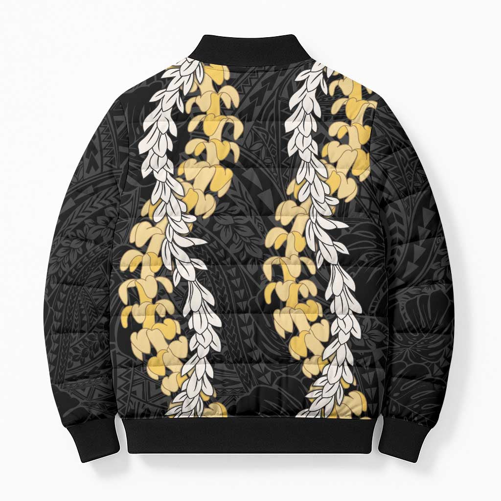Puakenikeni and Maile Lei Bomber Puffer Jacket Black Double Strand Lei LT9 - Polynesian Pride
