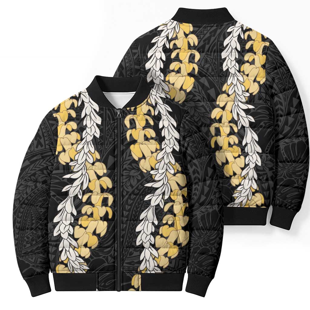 Puakenikeni and Maile Lei Bomber Puffer Jacket Black Double Strand Lei LT9 - Polynesian Pride
