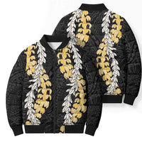 Puakenikeni and Maile Lei Bomber Puffer Jacket Black Double Strand Lei LT9 - Polynesian Pride