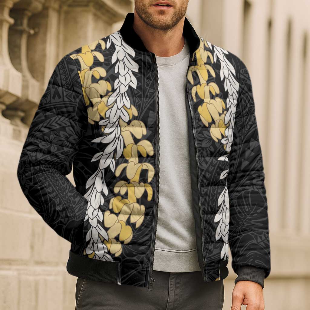 Puakenikeni and Maile Lei Bomber Puffer Jacket Black Double Strand Lei LT9 - Polynesian Pride