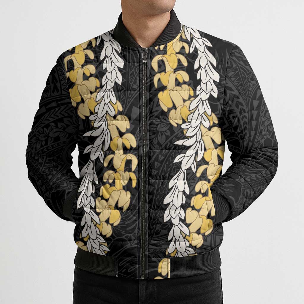 Puakenikeni and Maile Lei Bomber Puffer Jacket Black Double Strand Lei LT9 - Polynesian Pride