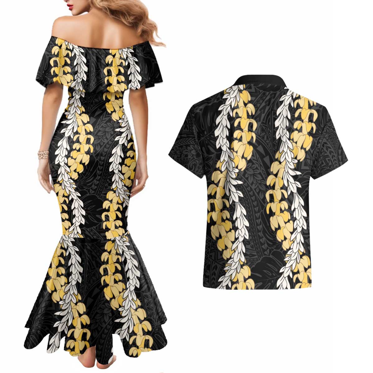Puakenikeni and Maile Lei Couples Matching Mermaid Dress and Hawaiian Shirt Black Double Strand Lei