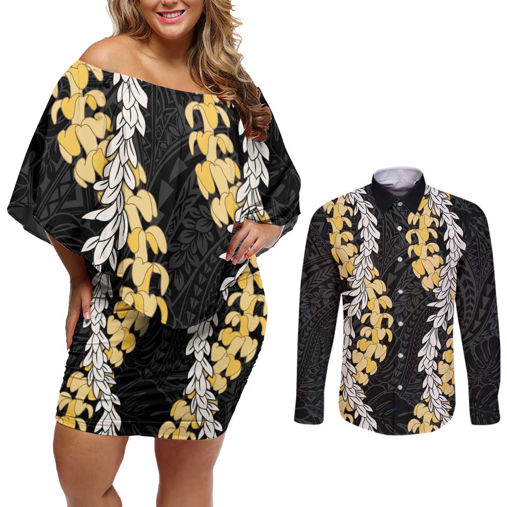 Puakenikeni and Maile Lei Couples Matching Off Shoulder Short Dress and Long Sleeve Button Shirt Black Double Strand Lei