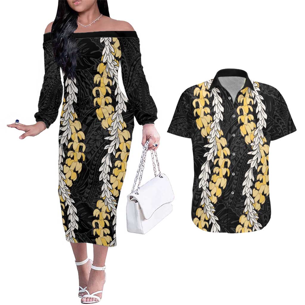 Puakenikeni and Maile Lei Couples Matching Off The Shoulder Long Sleeve Dress and Hawaiian Shirt Black Double Strand Lei