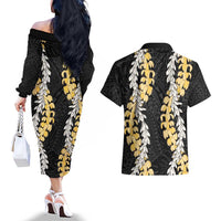 Puakenikeni and Maile Lei Couples Matching Off The Shoulder Long Sleeve Dress and Hawaiian Shirt Black Double Strand Lei