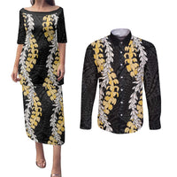 Puakenikeni and Maile Lei Couples Matching Puletasi and Long Sleeve Button Shirt Black Double Strand Lei LT9 Black - Polynesian Pride