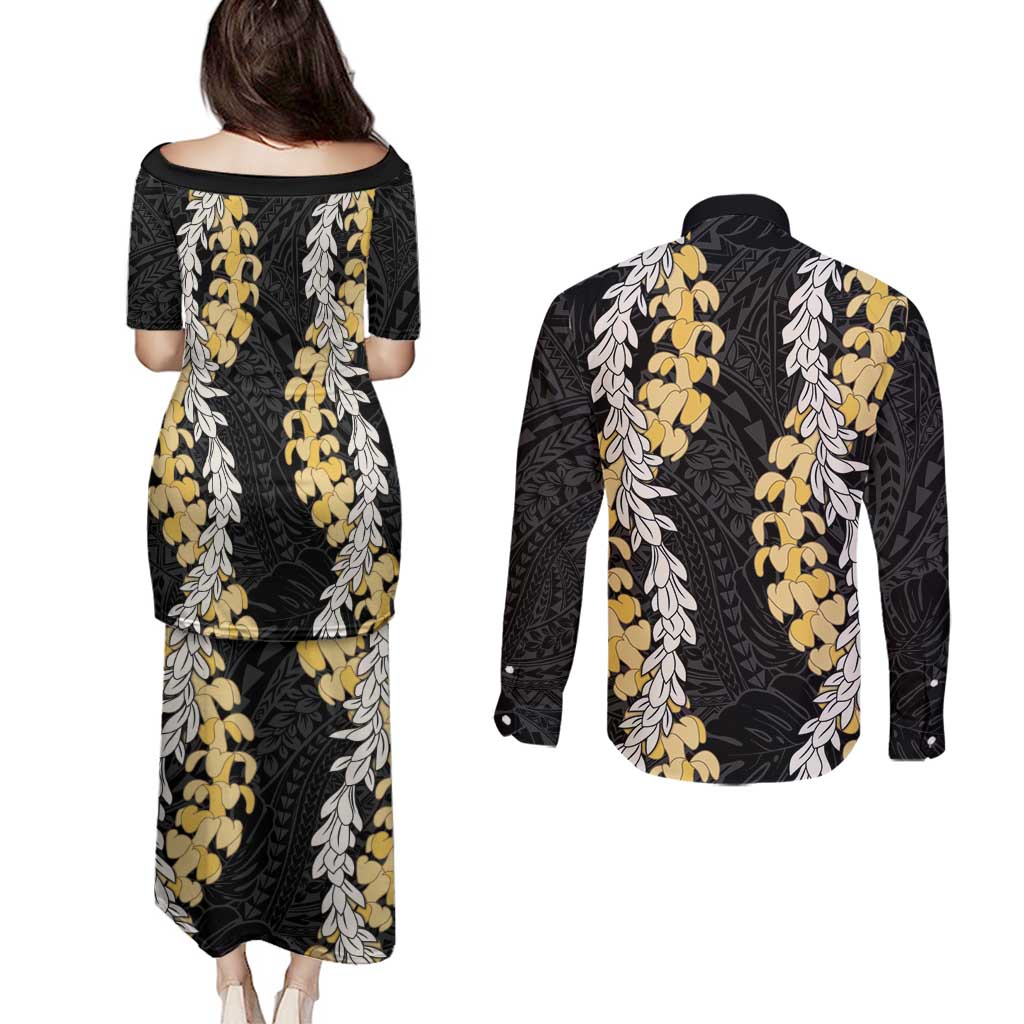 Puakenikeni and Maile Lei Couples Matching Puletasi and Long Sleeve Button Shirt Black Double Strand Lei LT9 - Polynesian Pride
