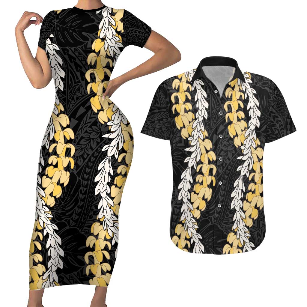 Puakenikeni and Maile Lei Couples Matching Short Sleeve Bodycon Dress and Hawaiian Shirt Black Double Strand Lei