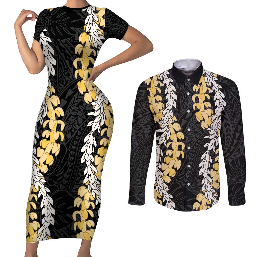 Puakenikeni and Maile Lei Couples Matching Short Sleeve Bodycon Dress and Long Sleeve Button Shirt Black Double Strand Lei