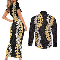 Puakenikeni and Maile Lei Couples Matching Short Sleeve Bodycon Dress and Long Sleeve Button Shirt Black Double Strand Lei