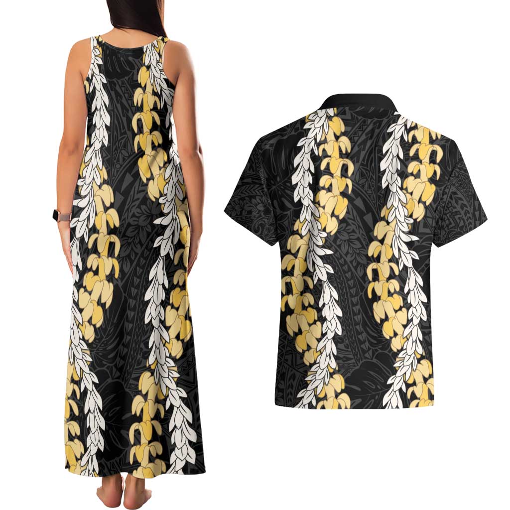 Puakenikeni and Maile Lei Couples Matching Tank Maxi Dress and Hawaiian Shirt Black Double Strand Lei