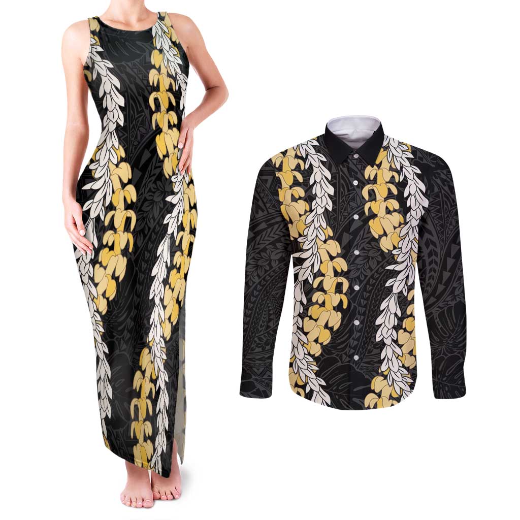 Puakenikeni and Maile Lei Couples Matching Tank Maxi Dress and Long Sleeve Button Shirt Black Double Strand Lei