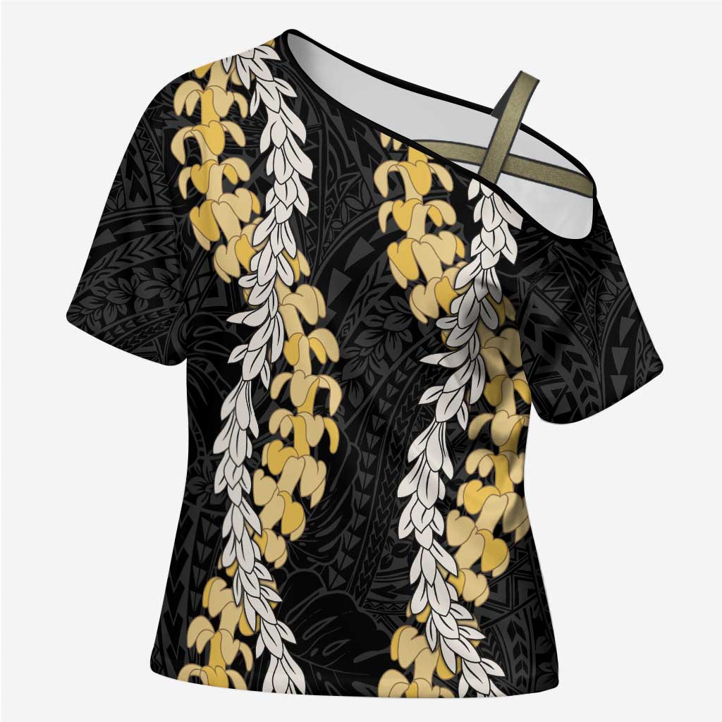Puakenikeni and Maile Lei Cross Shoulder Shirt Black Double Strand Lei LT9 Female Black - Polynesian Pride
