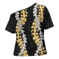 Puakenikeni and Maile Lei Cross Shoulder Shirt Black Double Strand Lei LT9 - Polynesian Pride