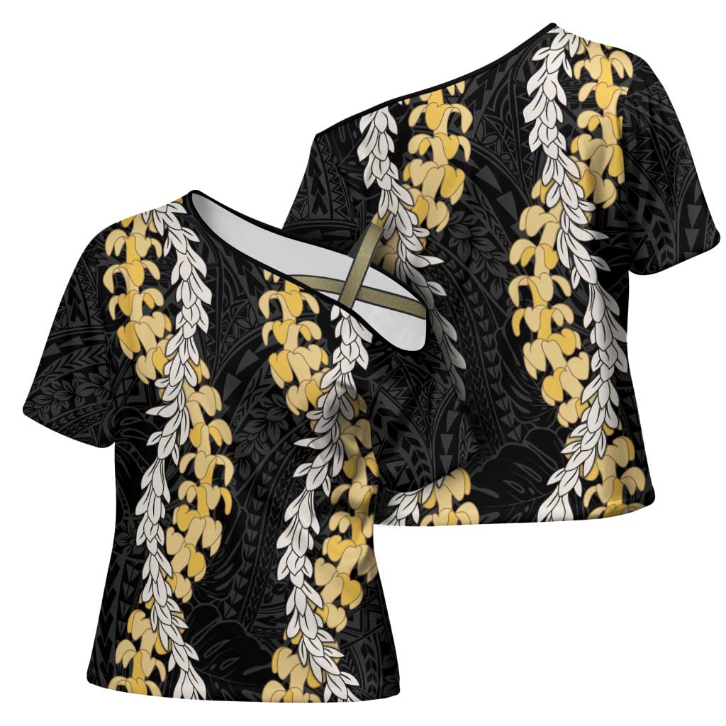 Puakenikeni and Maile Lei Cross Shoulder Shirt Black Double Strand Lei LT9 - Polynesian Pride