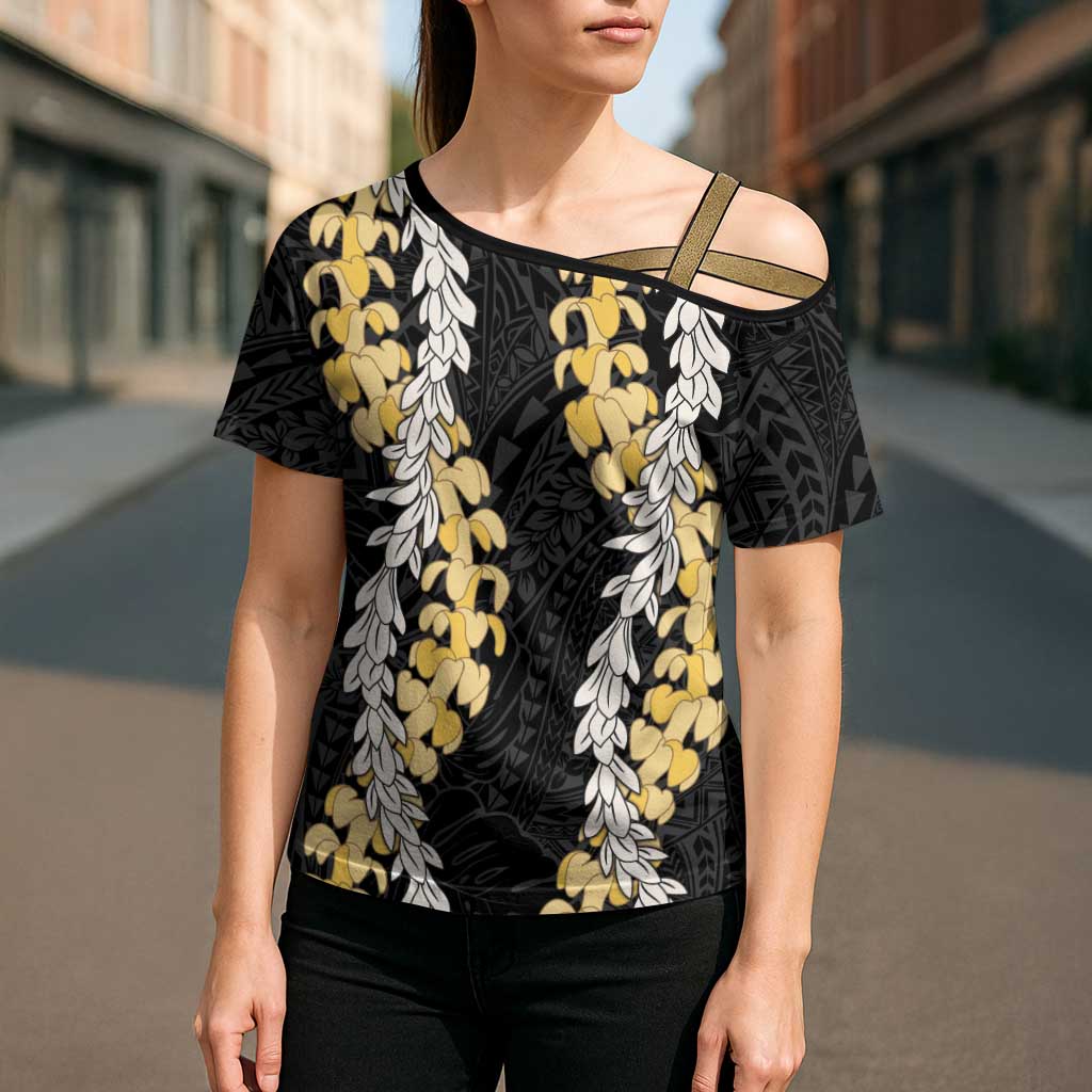 Puakenikeni and Maile Lei Cross Shoulder Shirt Black Double Strand Lei LT9 - Polynesian Pride