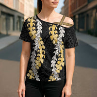 Puakenikeni and Maile Lei Cross Shoulder Shirt Black Double Strand Lei LT9 - Polynesian Pride