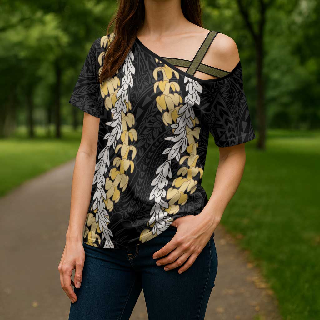 Puakenikeni and Maile Lei Cross Shoulder Shirt Black Double Strand Lei LT9 - Polynesian Pride