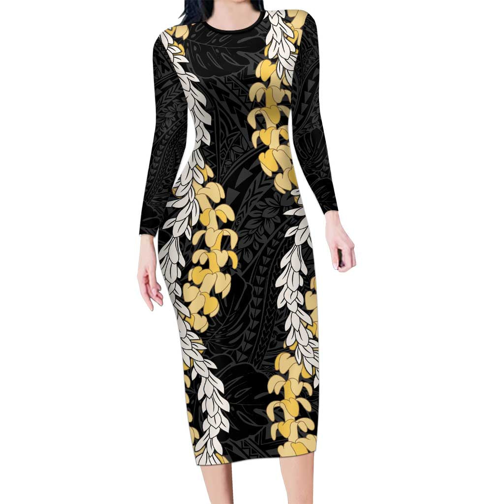 Puakenikeni and Maile Lei Family Matching Long Sleeve Bodycon Dress and Hawaiian Shirt Black Double Strand Lei