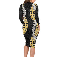 Puakenikeni and Maile Lei Family Matching Long Sleeve Bodycon Dress and Hawaiian Shirt Black Double Strand Lei