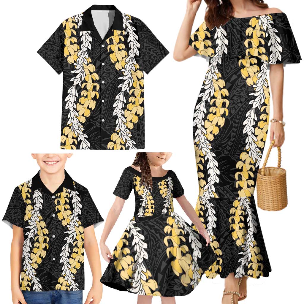 Puakenikeni and Maile Lei Family Matching Mermaid Dress and Hawaiian Shirt Black Double Strand Lei