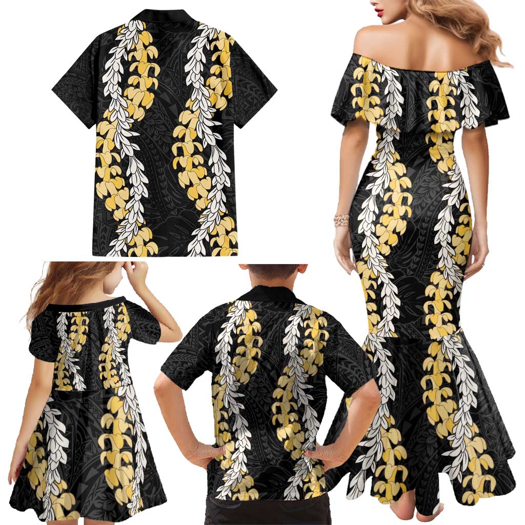 Puakenikeni and Maile Lei Family Matching Mermaid Dress and Hawaiian Shirt Black Double Strand Lei