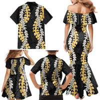 Puakenikeni and Maile Lei Family Matching Mermaid Dress and Hawaiian Shirt Black Double Strand Lei