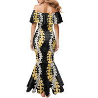 Puakenikeni and Maile Lei Family Matching Mermaid Dress and Hawaiian Shirt Black Double Strand Lei