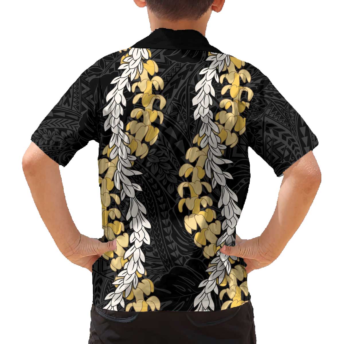 Puakenikeni and Maile Lei Family Matching Off The Shoulder Long Sleeve Dress and Hawaiian Shirt Black Double Strand Lei