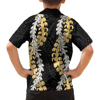 Puakenikeni and Maile Lei Family Matching Off The Shoulder Long Sleeve Dress and Hawaiian Shirt Black Double Strand Lei