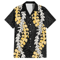 Puakenikeni and Maile Lei Family Matching Off The Shoulder Long Sleeve Dress and Hawaiian Shirt Black Double Strand Lei