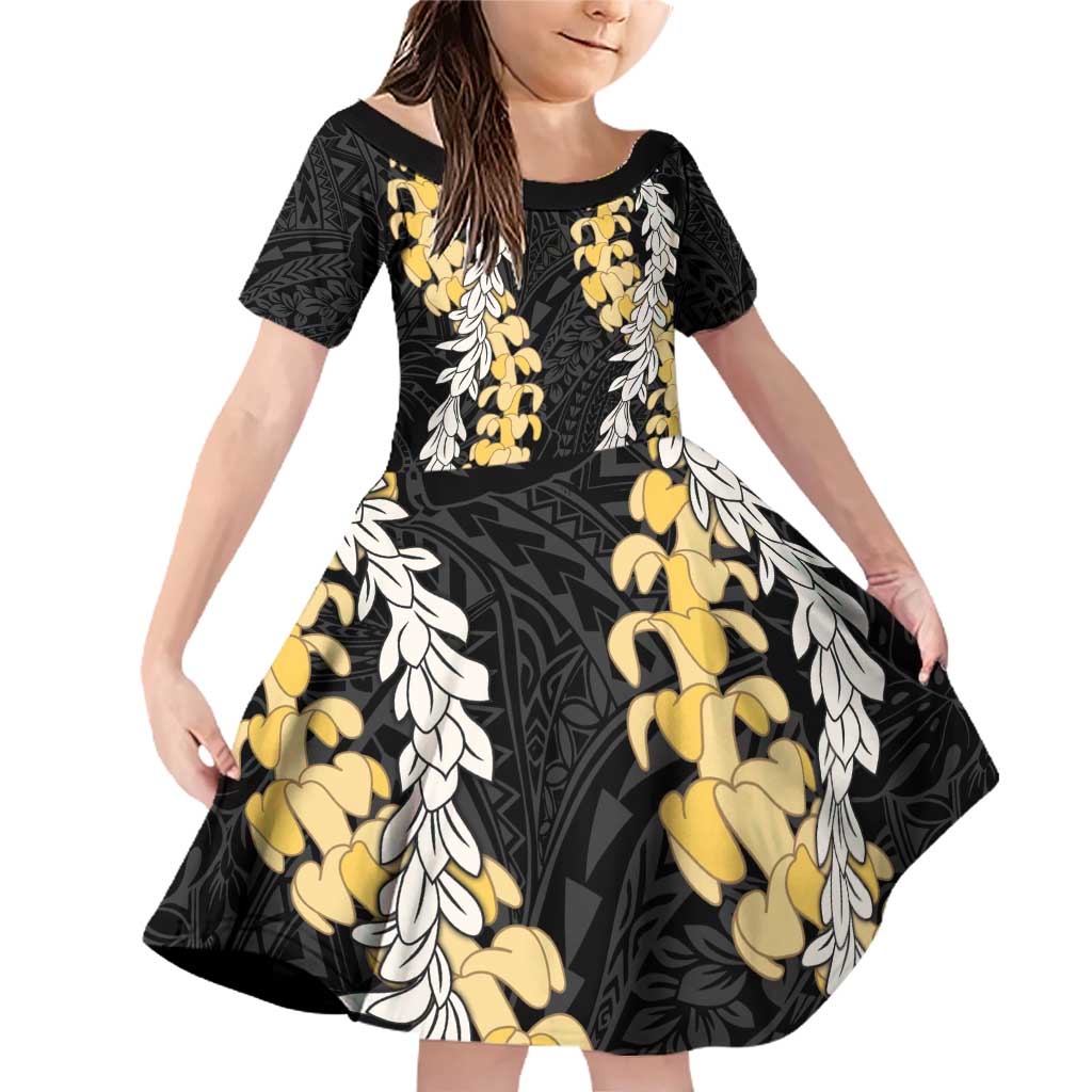 Puakenikeni and Maile Lei Family Matching Off Shoulder Short Dress and Hawaiian Shirt Black Double Strand Lei