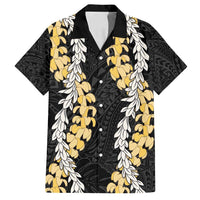 Puakenikeni and Maile Lei Family Matching Off Shoulder Short Dress and Hawaiian Shirt Black Double Strand Lei
