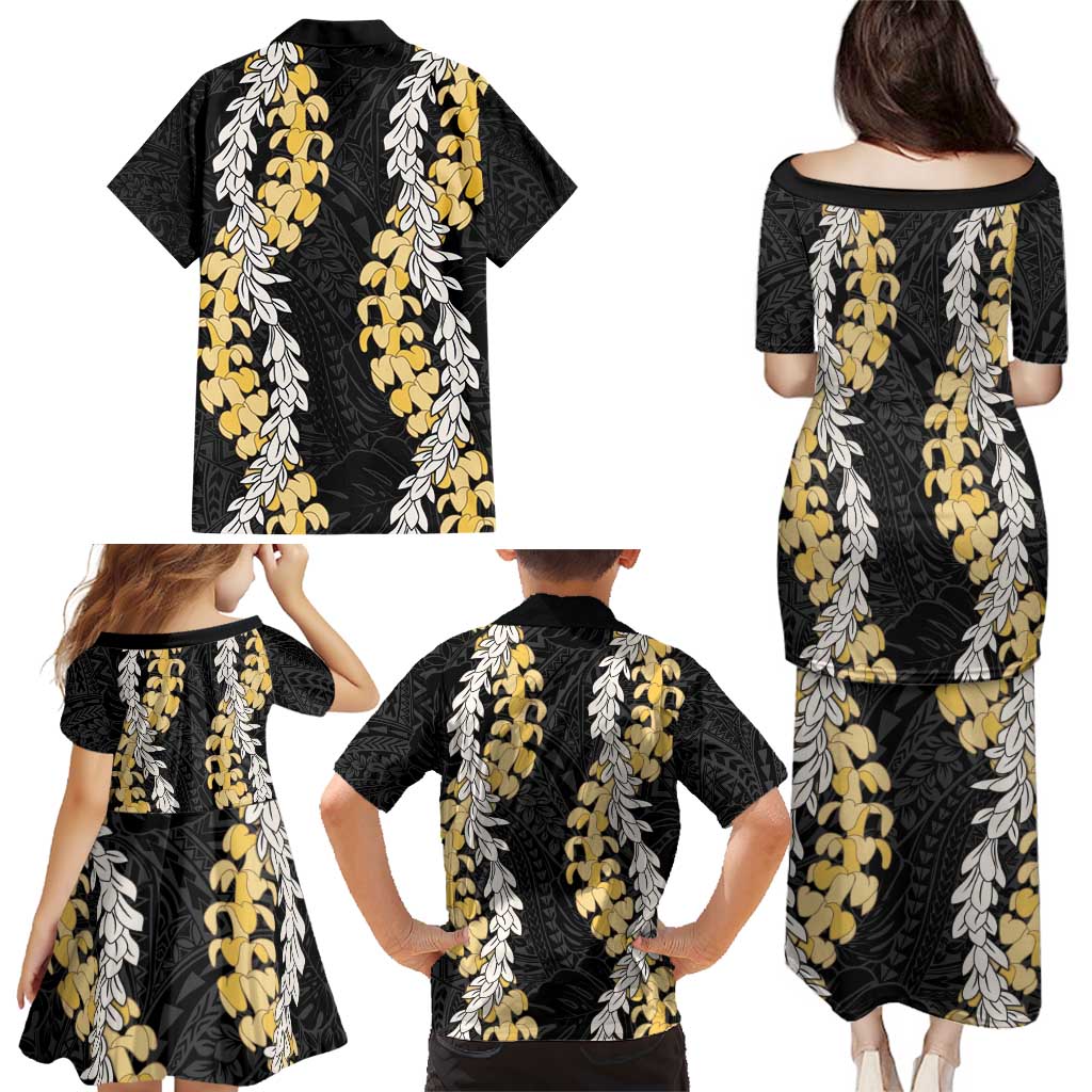 Puakenikeni and Maile Lei Family Matching Puletasi and Hawaiian Shirt Black Double Strand Lei