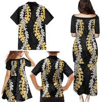 Puakenikeni and Maile Lei Family Matching Puletasi and Hawaiian Shirt Black Double Strand Lei