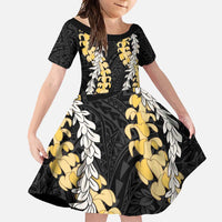 Puakenikeni and Maile Lei Family Matching Short Sleeve Bodycon Dress and Hawaiian Shirt Black Double Strand Lei