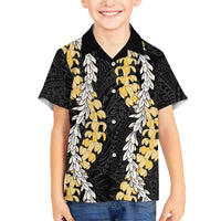 Puakenikeni and Maile Lei Family Matching Short Sleeve Bodycon Dress and Hawaiian Shirt Black Double Strand Lei